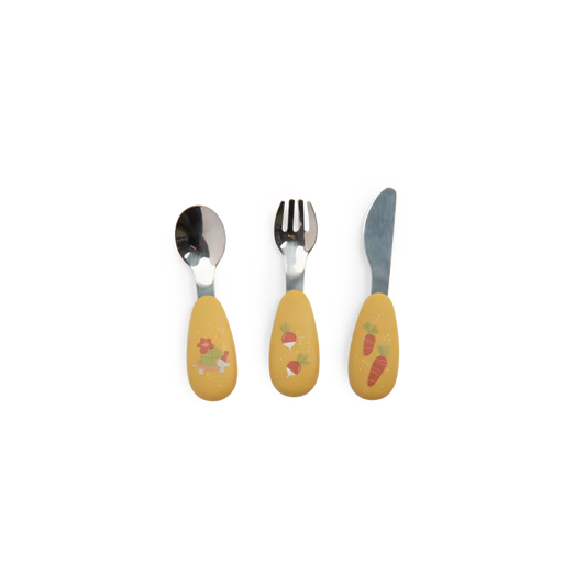 Set posate in silicone e acciaio inox, Trois petits lapins - Moulin Roty