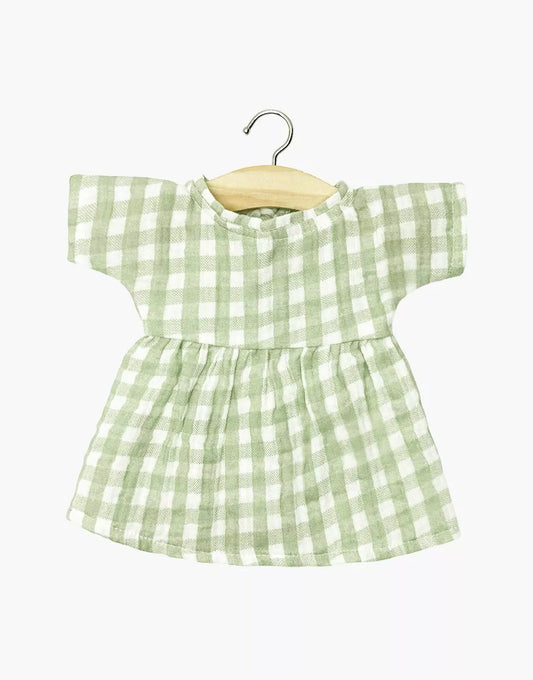 Vestito per bambola minikane -  Abito Faustine a maniche corte in garza di cotone Vichy verde con pochette