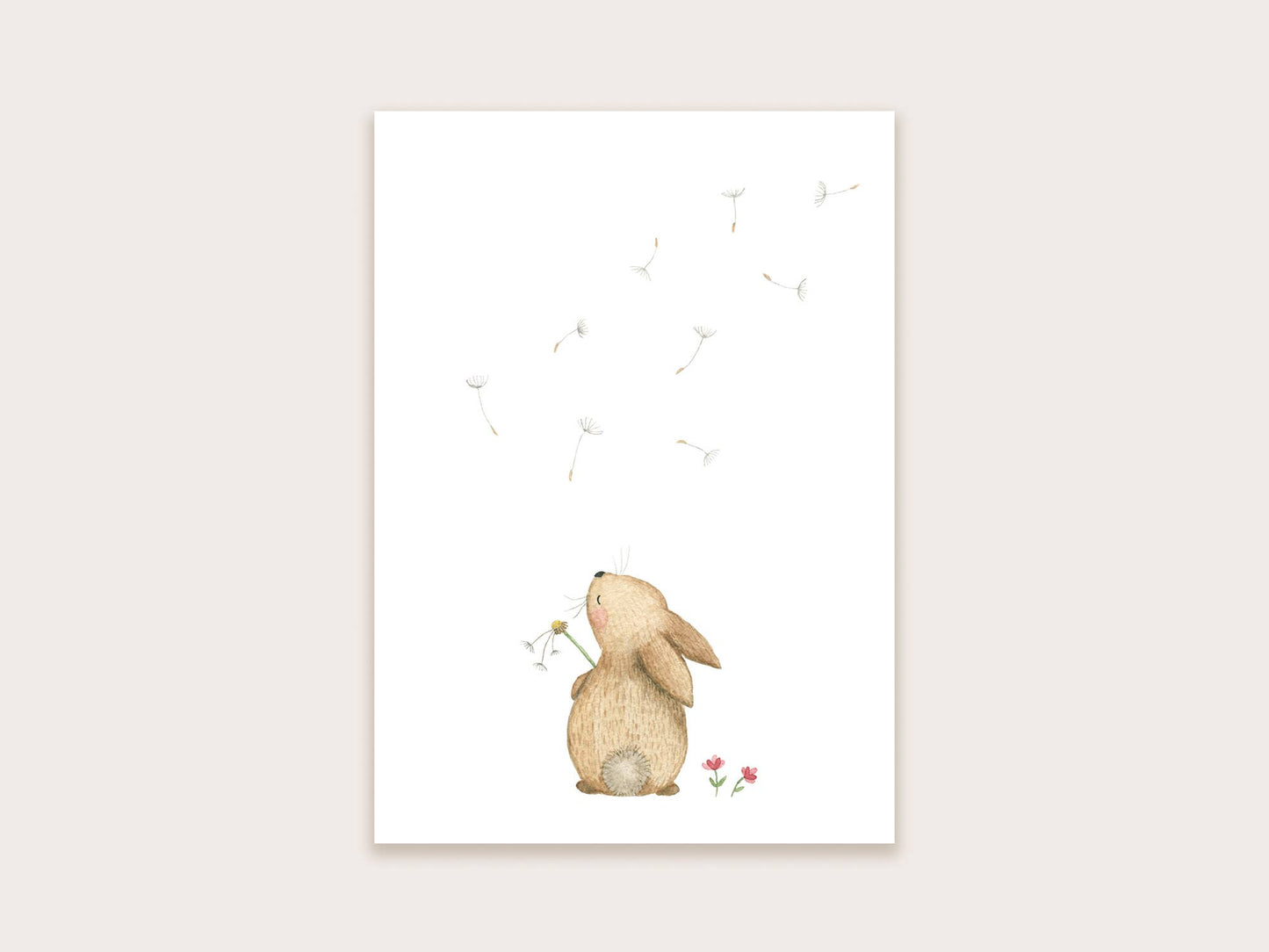 Appeloogje greeting card with a cute rabbit and dandelion illustration, featuring soft colors and detailed artwork.