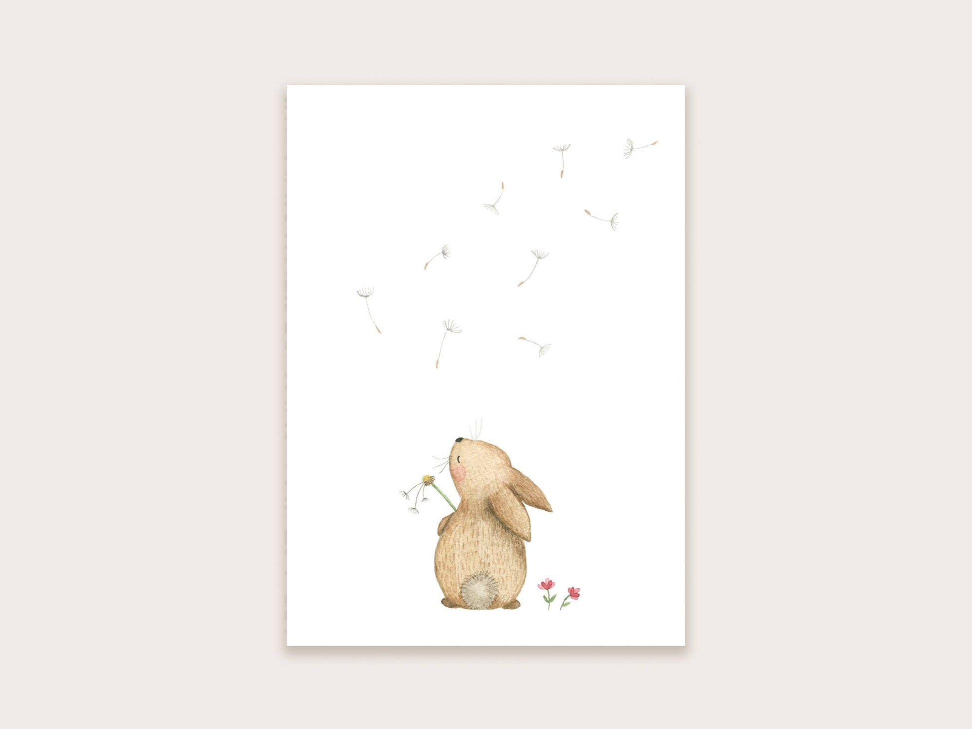 Appeloogje greeting card with a cute rabbit and dandelion illustration, featuring soft colors and detailed artwork.