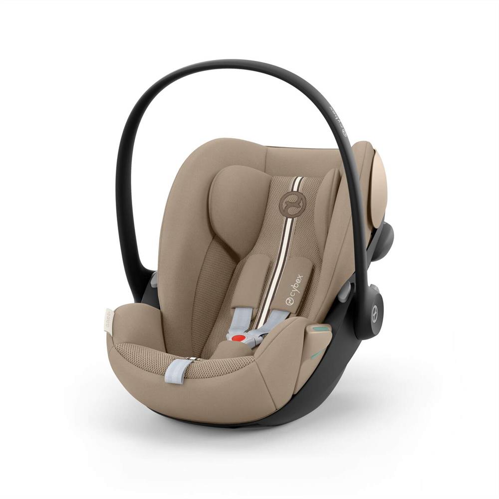 Cybex Cloud G i-Size Plus car seat shown in a neutral color with adjustable headrest and harness system for safety.
