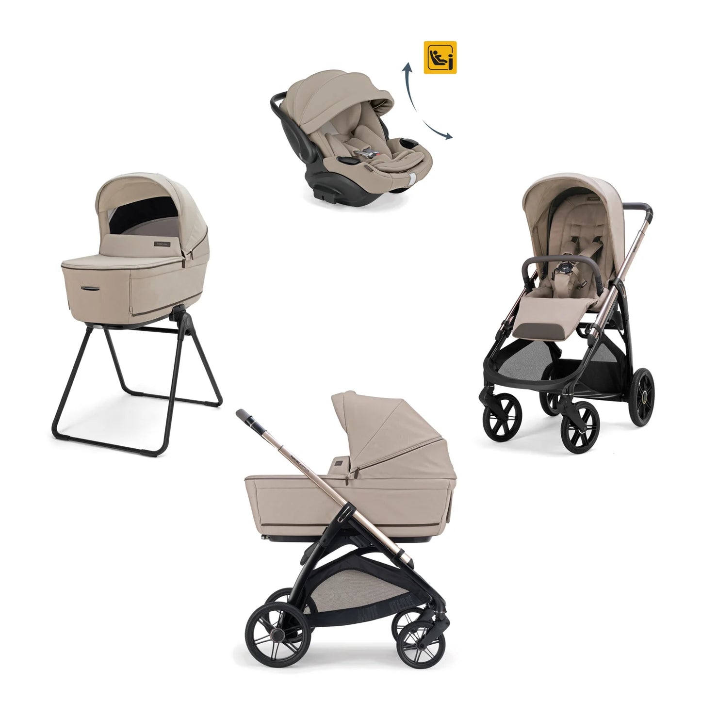 Inglesina Aptica System 4-in-1 ovetto darwine recline stroller in Vicuna Beige, showing the versatile baby pram with seat and bassinet.
