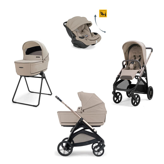 Inglesina Aptica System 4-in-1 ovetto darwine recline stroller in Vicuna Beige, showing the versatile baby pram with seat and bassinet.