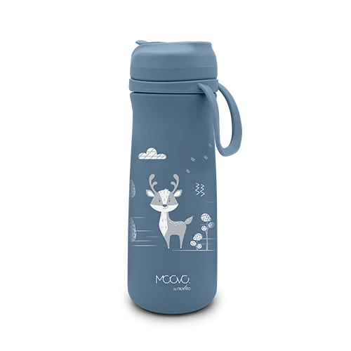 Nuvita KiddieKit 500ml stainless steel kids' thermal water bottle in powder blue, with a child-friendly design and secure cap.