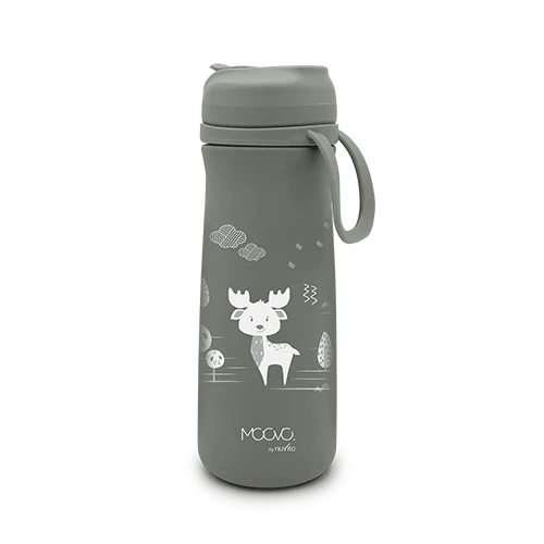 Nuvita KiddieKit 500ml stainless steel kids thermal water bottle in sage green, with a child-friendly design and leak-proof cap.