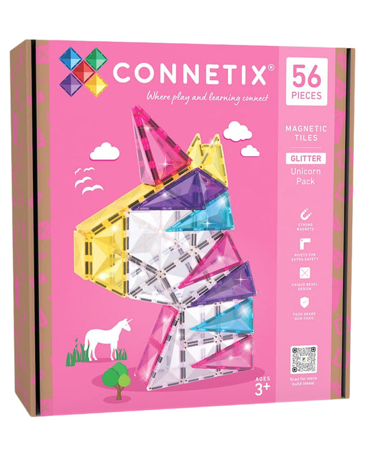 Connetix - Set Unicorno Glitter - 56 Pezzi - 100% Plastica ABS Atossica - Apprendimento STEM!