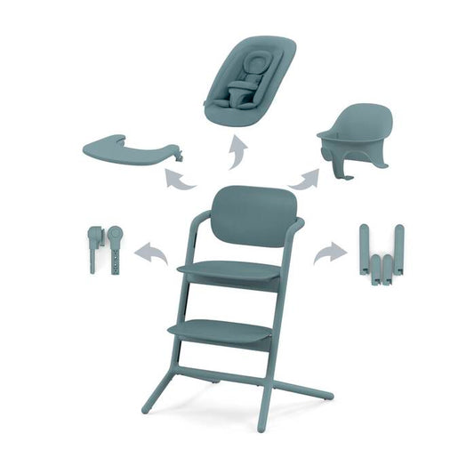 Cybex LEMO 4-in-1 baby chair with adjustable seating and safety harness, featuring a modern design in neutral colors.