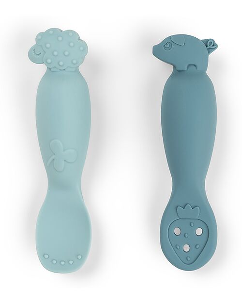 Set of 2 blue silicone learning spoons from Tiny Farm by DONE BY DEER, designed for easy feeding and learning.