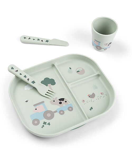 Set Pappa Foodie - Piatto con Scomparti Bicchiere e Posate - Tiny Farm - Verde -
