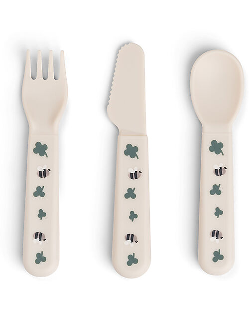 Done by Deer Tiny Farm sand-colored learning cutlery set with fork, knife, and spoon for children.
