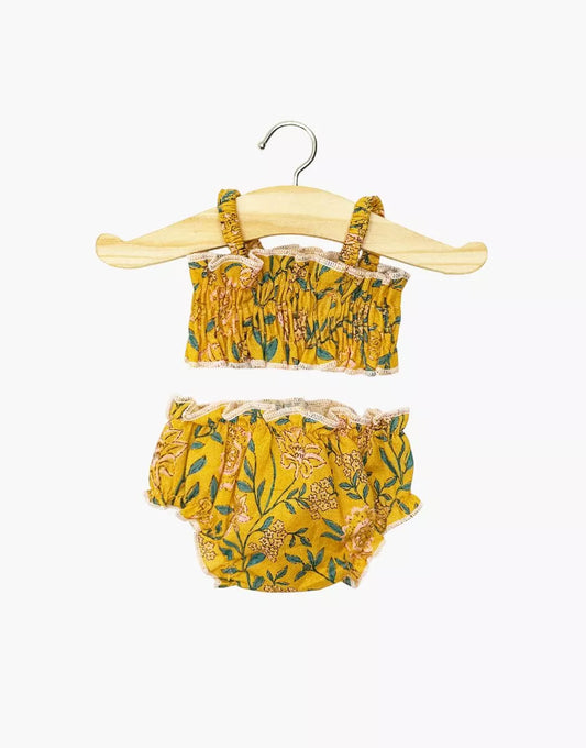 Costume da bagno rétro Océane 2 pezzi in cotone con fiori senape