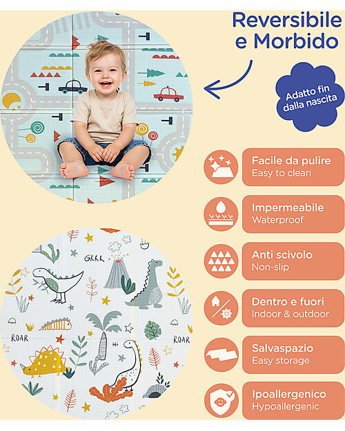 Tumi - Tappeto Gioco Pieghevole Montessori 2 in 1 Reversibile e Morbido - Dino Friends - 180x150cm - dalla Nascita