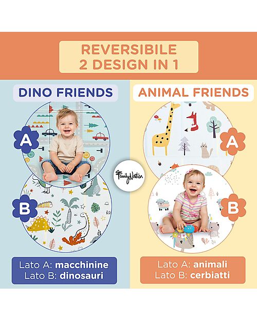 Tumi - Tappeto Gioco Pieghevole Montessori 2 in 1 Reversibile e Morbido - Dino Friends - 180x150cm - dalla Nascita