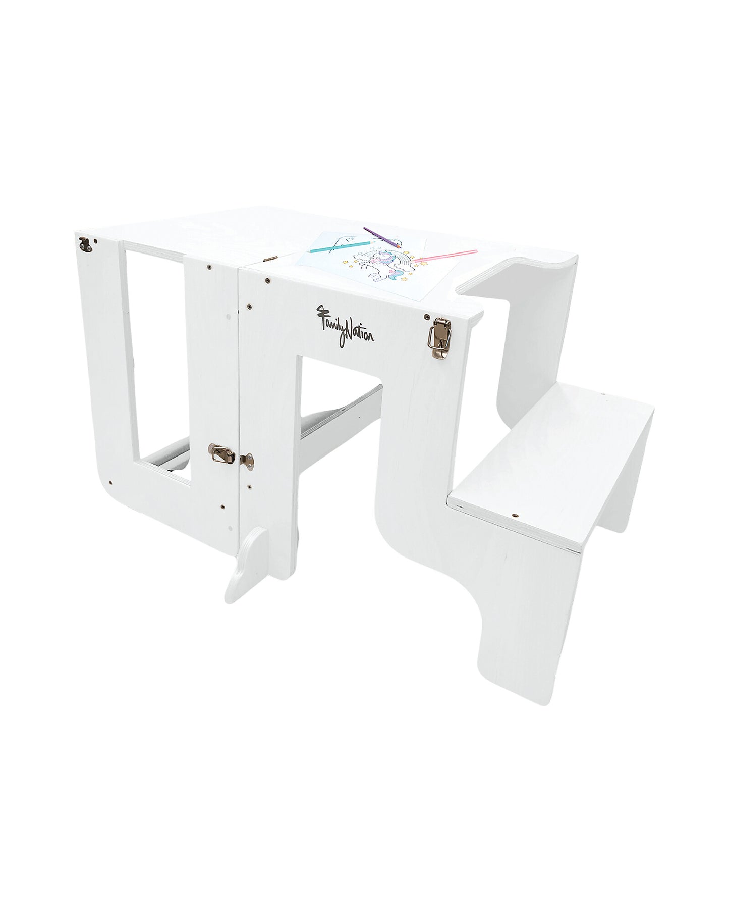 Torre Montessoriana in legno 2 in 1 - bianca - Convertibile in Tavolo+Sedia - Autonomia e Sicurezza