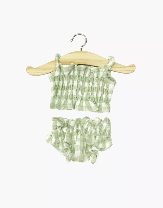 Costume da bagno rétro 2 pezzi in garza di cotone Vichy verde con pochette