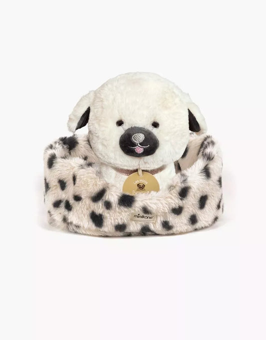 Kawaii, peluche cane da 18 cm con collare e cestino in pelliccia sintetica dalmata