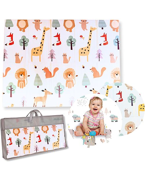 Tappeto Gioco Pieghevole Montessori 2 in 1 Reversibile e Morbido - Animal Friends - 180x150cm - dalla Nascita